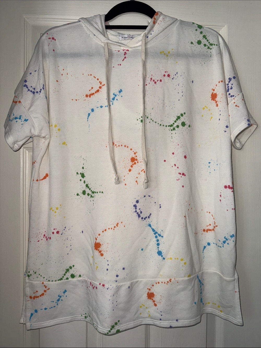 First Love White Hoodie Top with Rainbow Paint Splatter